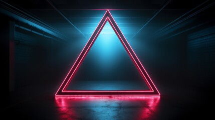 Wall Mural - Neon triangle. A huge neon sign in form of triangle pointing right in huge empty dark space