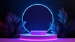 Empty podium with exotic plants to display your brand. Summer scene with purple and blue neon frame. 3D pedestal for business mockup. Sale background.