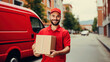 © Anzhela - Delivery smiling man in red cap and uniform holding a cardboard box near a van red truck. Delivery of parcels to the client's home