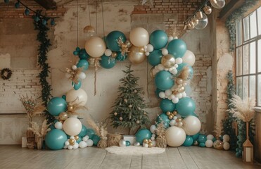 Poster - blue & white balloons set up in a room with other objects