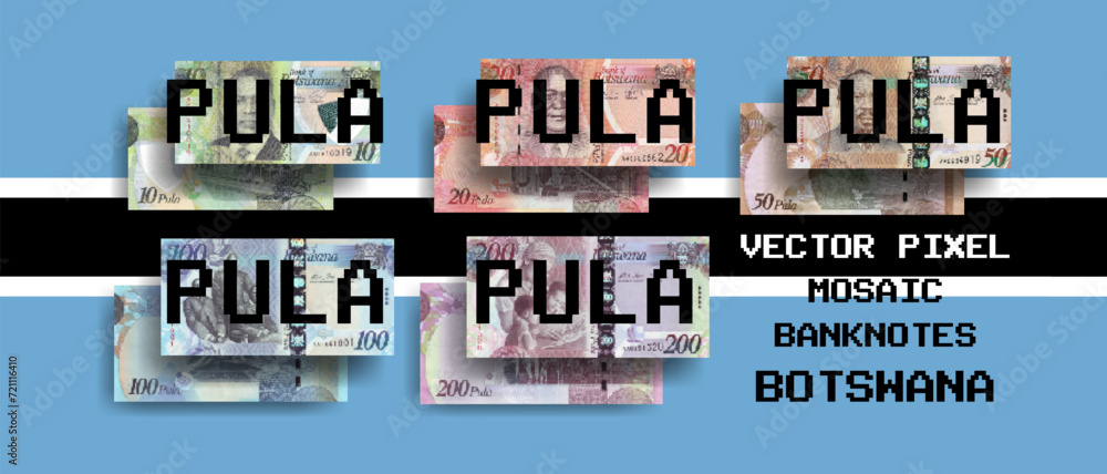 Vector set of pixel mosaic banknotes of Botswana. Collection of notes ...