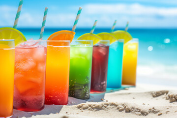 Colorful refreshing cold tropical fruit juice drinks in summer beach banner background. Exotic drinks the white sandy beach. Colorful cocktails .. Tropical beachfront, summer vibes, cool drink glasses