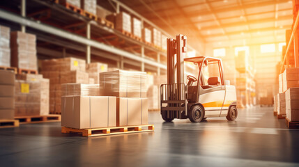 Forklift transporting pallets in a sunlit industrial warehouse, logistics concept. Generative AI