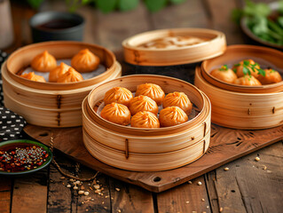 Wall Mural - steamed dumpling dim sum in bamboo basket on wooden table, closeup, Chinese new year concept