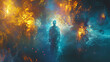 Mystical Encounter: A Man Surrounded by Ethereal Flames and Cosmic Energy - A Digital Art Masterpiece for Fantasy Lovers
