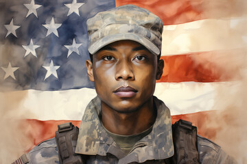 Wall Mural - American Soldier Saluting the Flag with Pride and Confidence on a Military Base, Symbolizing the Heroes of the US Armed Forces