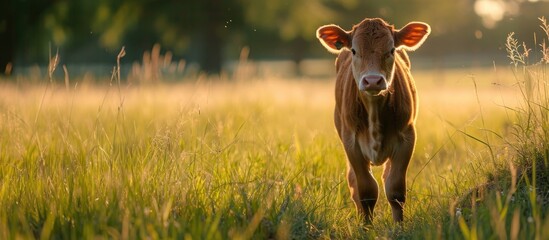 Wall Mural - Sustainable beef ranching with a young calf on fresh pasture.