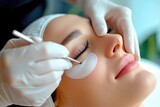 Fototapeta  - Beauty salon. Young woman undergoing procedure of eyelashes lamination