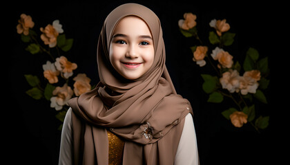 An Asian Muslim female model posing gracefully with floral adornments, combining elegance and cultural beauty in a captivating portrait