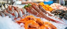 Seafood Displayed On Ice At A Fish Market.