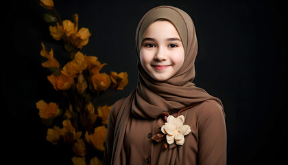 An Asian Muslim female model posing gracefully with floral adornments, combining elegance and cultural beauty in a captivating portrait