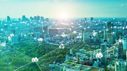 Aufkleber - Modern green city aerial view and communication network concept. Ecological city. Sustainable development goals. SDGs.