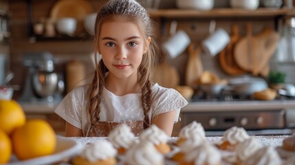 Wall Mural - Beautiful girl 12 years old bakes holiday cupcakes in the kitchen