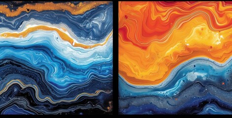 Wall Mural - a blue and orange wave in motion, in the style of microfilm, liquid metal