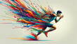 Dynamic abstract illustration of a runner exploding into bright splashes of color, symbolizing speed, movement and energy. Running concept. AI generated.