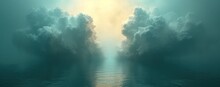 Heavy Clouds That Are Over A Body Of Water, In The Style Of Detailed Atmospheric Portraits, Gray And Cyan