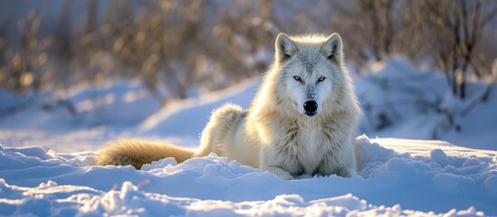 Poster - Captivating White Wolf Sitting Majestically in a Blanket of Snow