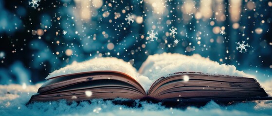 A open book with a snowy landscape on its pages, tiny snowflakes drift out into the real world. Christmas fairy-tale. Winter holiday with bokeh