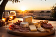 Romantic outdoor picnic with white wine, cheese, and charcuterie in the warm glow of sunset light