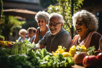 Wall Mural - On a sun-drenched patio, a group of diverse seniors engages in a lively discussion about their newfound passion for community gardening, fostering bonds and cultivating fresh produce.  Generative Ai.