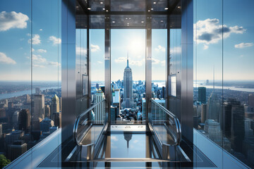 Wall Mural - A sleek glass elevator ascends a skyscraper, offering panoramic views of the city skyline and emphasizing the seamless integration of technology and architecture.  Generative Ai.