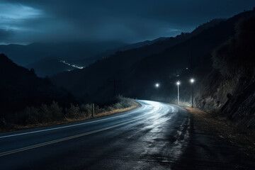 Wall Mural - a car's headlights cut through the darkness on a winding mountain road, symbolizing the journey and 