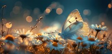Butterfly And Daisies In The Sun With Blue Sky,