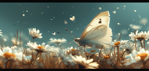 Wall Mural - butterfly and daisies in the sun with blue sky,