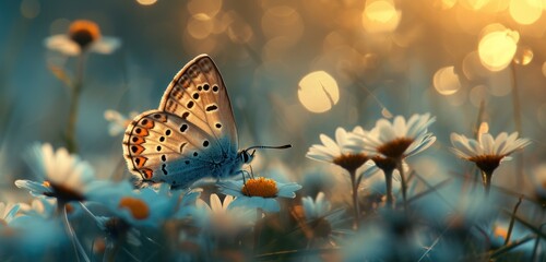 Wall Mural - butterfly and daisies in the sun with blue sky,