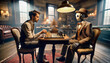 Concept of harmonious coexistence of humans and AI technology. An image showing a human and an AI robot playing a friendly game of chess or engaging in a physical sport, showcasing teamwork and strate