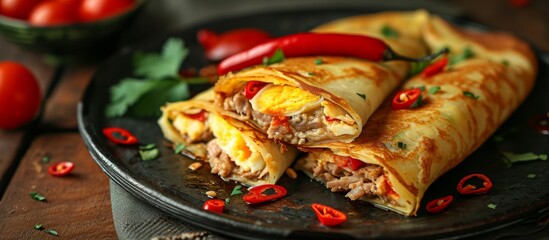 Sticker - Delicious Thai Stuffed Egg Crepe with Crispy Surface: A Mouthwatering Fusion Food Delight