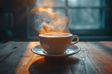 Wall Mural - a cinemagraph of a steaming cup of coffee, with the steam moving while the rest of the image is stil