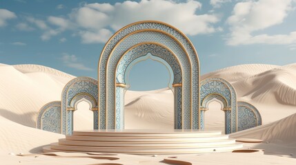 Islamic display podium with mosque gate background in the sand dunes. Generative AI