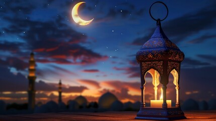 Wall Mural - Arabic lantern with burning candle and night sky with waning crescent moon in the background. Generative AI