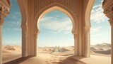 Fototapeta Przestrzenne - Background of Islamic mosque gate in sand dunes. Generative AI