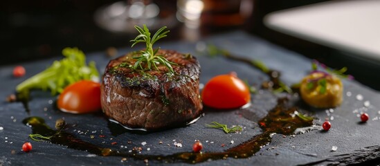 Poster - Delicious Meat Served on a Blue Block: A Mouthwatering Dish with Tomato