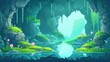 cartoon illustration Adventure level in stone cavern with path through poisonous river flow with bubble.