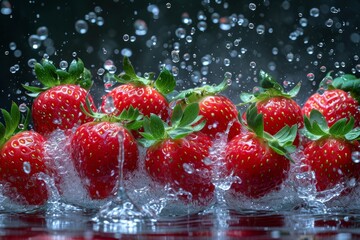 Wall Mural - Juicy fresh strawberries fall into clear water on a dark background