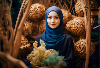 Wall Mural - Beautiful asian muslim woman wearing hijab with flower background.