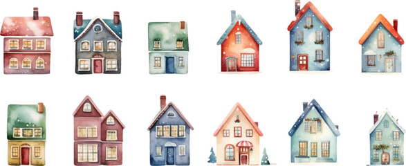 Set of watercolor cute house illustrations on white background.