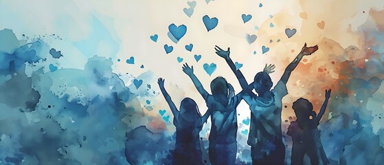 Wall Mural - Children raise their arms and hands to the sky full of blue hearts. Concept peace on earth, charity,  volunteer work. Dreams will come true, silhouette illustration.