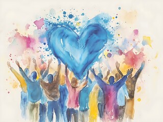 Wall Mural - Group of multicultural people with arms and hands raised towards a hand painted blue heart. Charity donation, volunteer work, support and assistance, multiethnic community. Peace on earth.