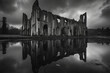 ruined building in a black and white photo, in the style of reflections and mirroring