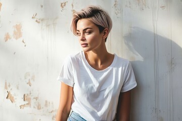 Wall Mural - Mockup. Hipster girl wearing blank white t-shirt and jeans against rough white wall. Stylish casual clothes for young people, Generative AI