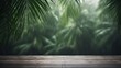 Rain pours down on a wooden deck beneath the overhanging fronds of tropical palm leaves, creating a moody atmosphere.