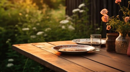 A table with two plates and a vase of flowers. Generative AI.