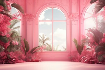 Wall Mural - abstract pink gradient studio background with window shadows and copy space.