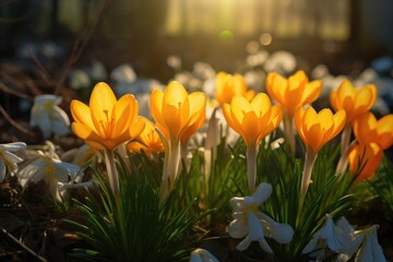 Wall Mural - Vibrant spring crocuses in stunning photo.