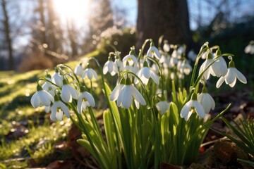 Wall Mural - Sunlit garden blooms with first spring snowdrops.