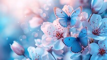 Close-up Of Vibrant Blue Butterflies On Delicate Cherry Blossoms, With A Dreamy Bokeh Background In Soft Blue And Pink Hues.